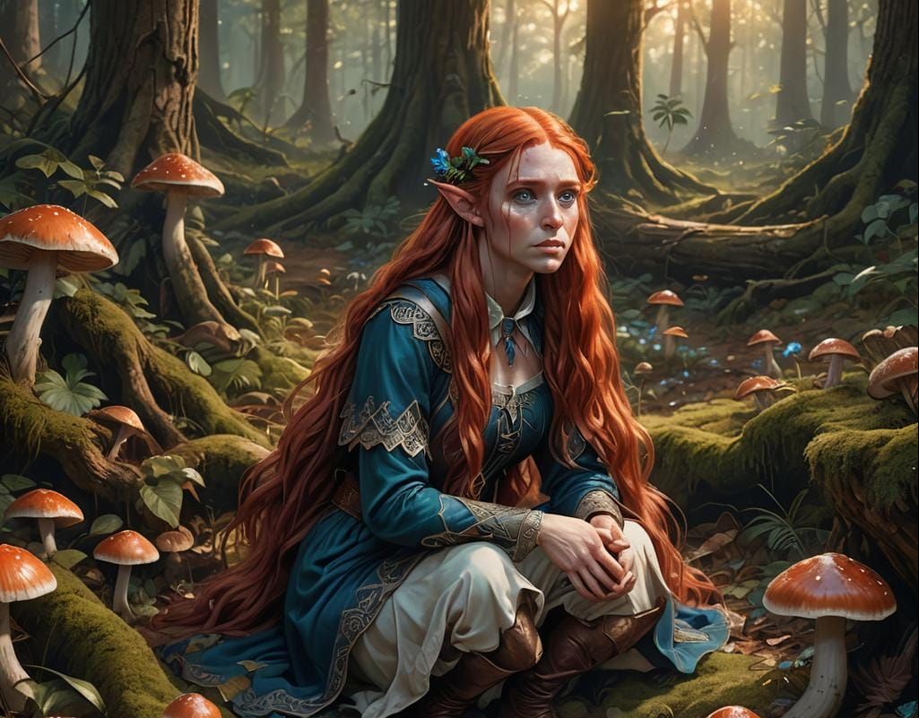 A young female elf with long red hair and blue eyes,  down o...