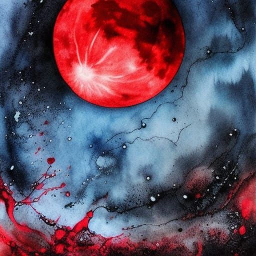 Wolf Howling at Red Moon in Splash Art