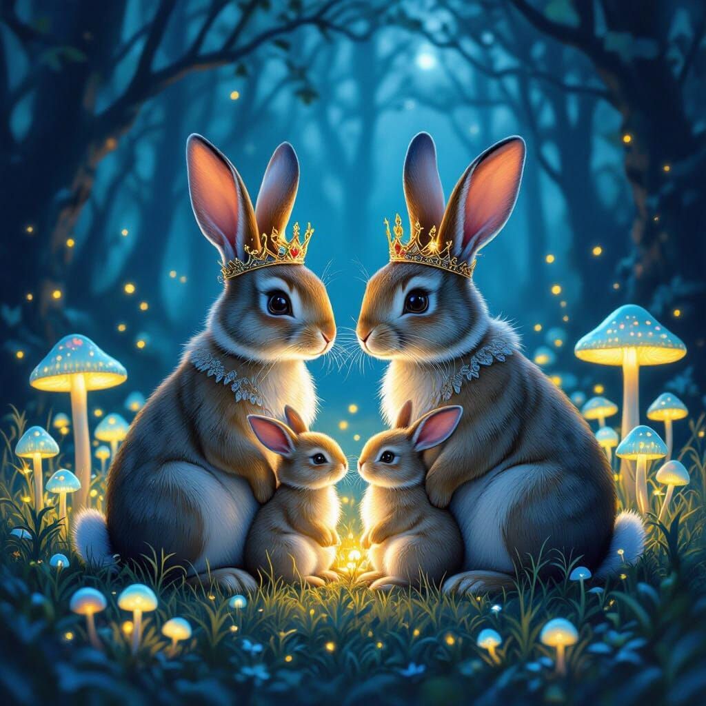 Regal Rabbit Family in Bioluminescent Forest