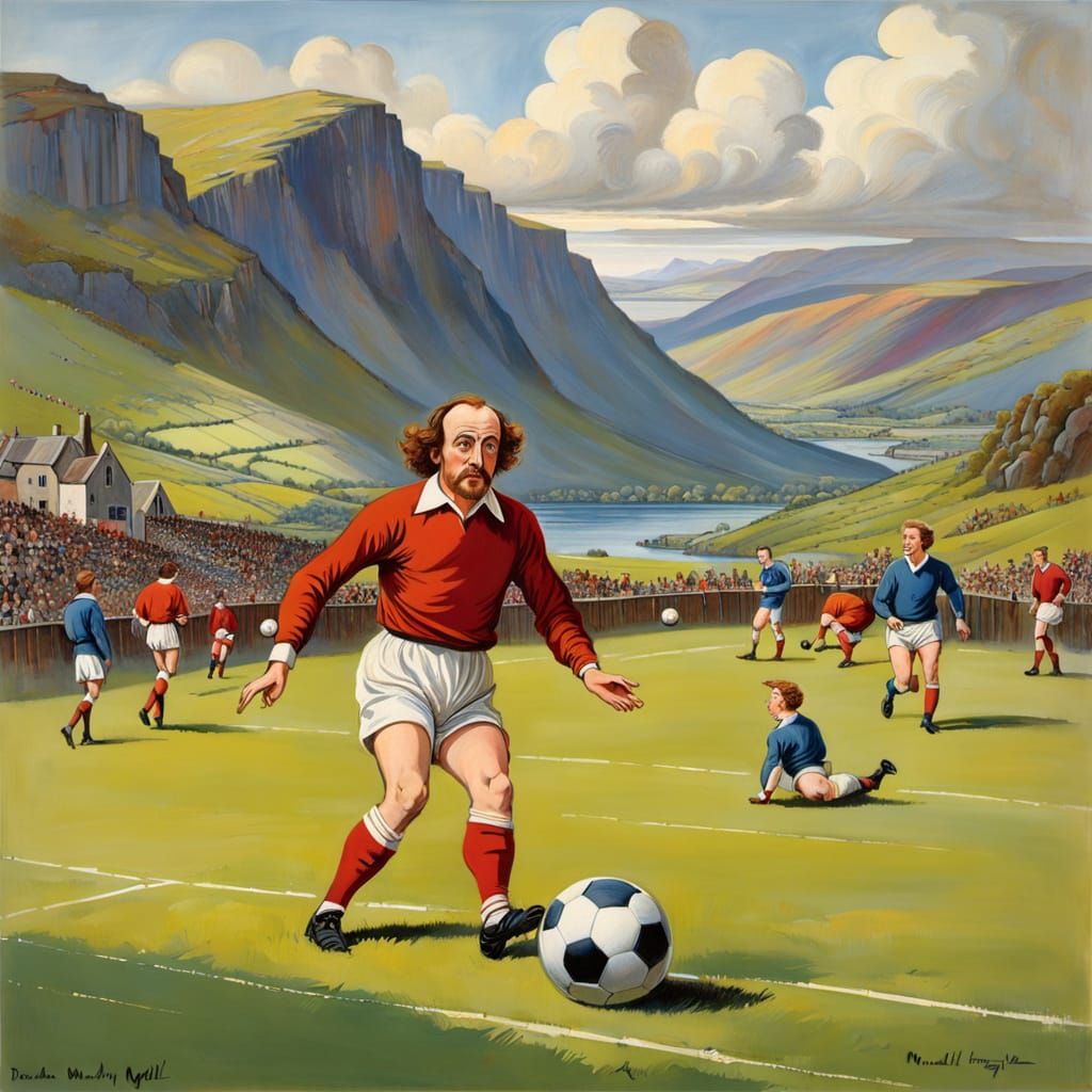 William Shakespeare, Football, Scottish Highlands, Quirky,  Painting,  Donald McGill  saucy postcard art 

Barbara Hepwo...
