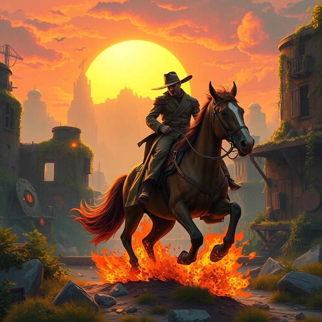 Cowboy Rides Amidst Vibrant Solarpunk Landscape