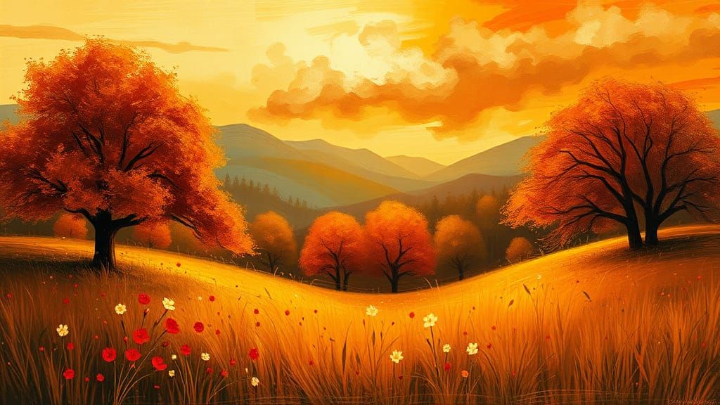 Autumn Meadow: Impressionist Landscape with Golden Light