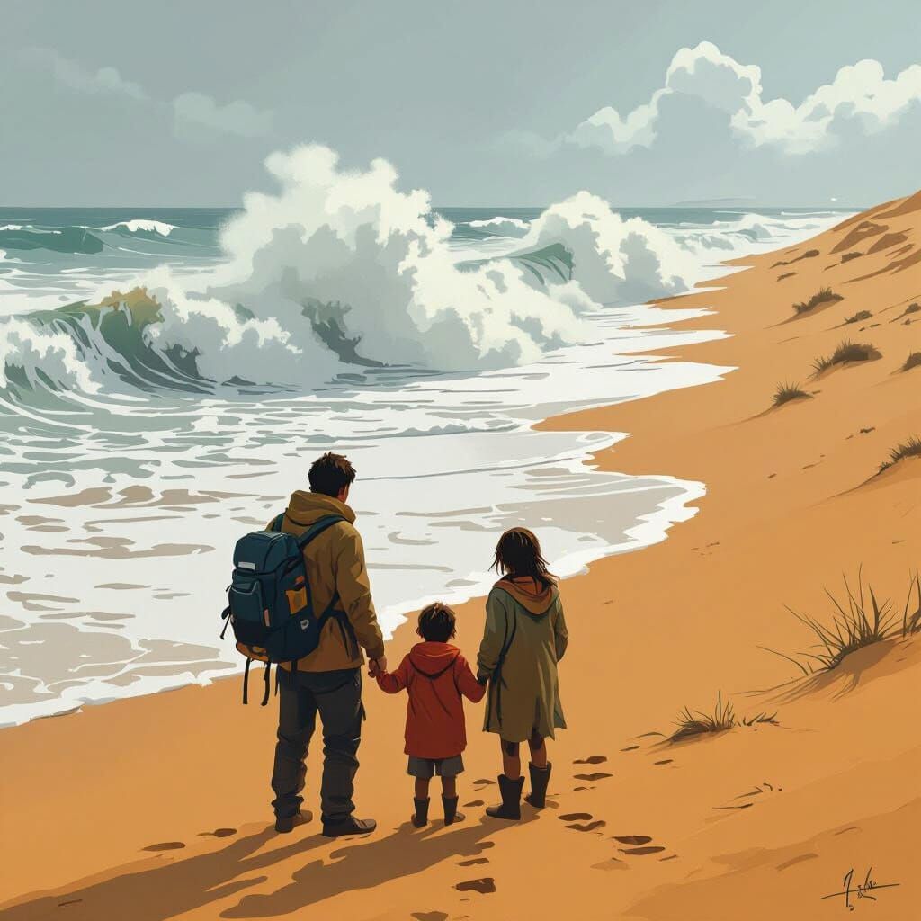 Family Escapes Flash Flood: Digital Illustration