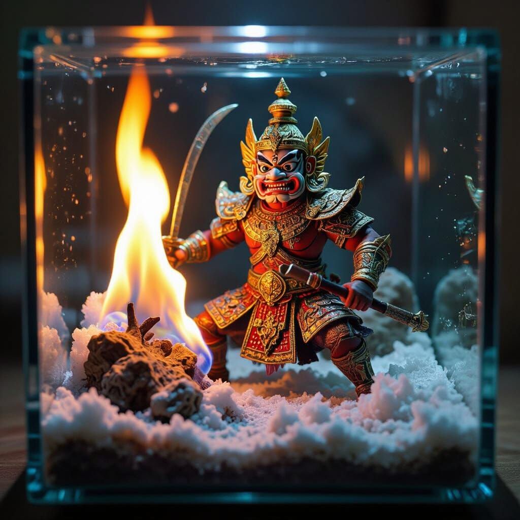 Wayang Warrior in Terrarium with Fire and Ice