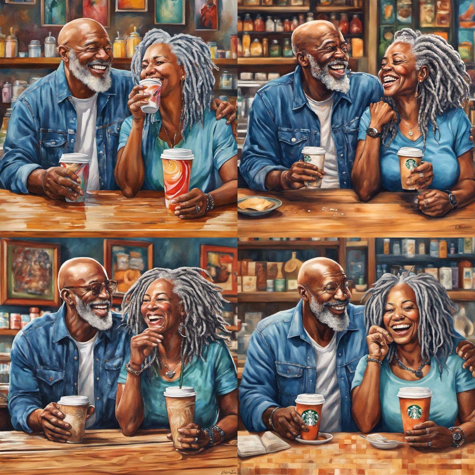 Joyous Older Couple at Starbucks in Splash Art