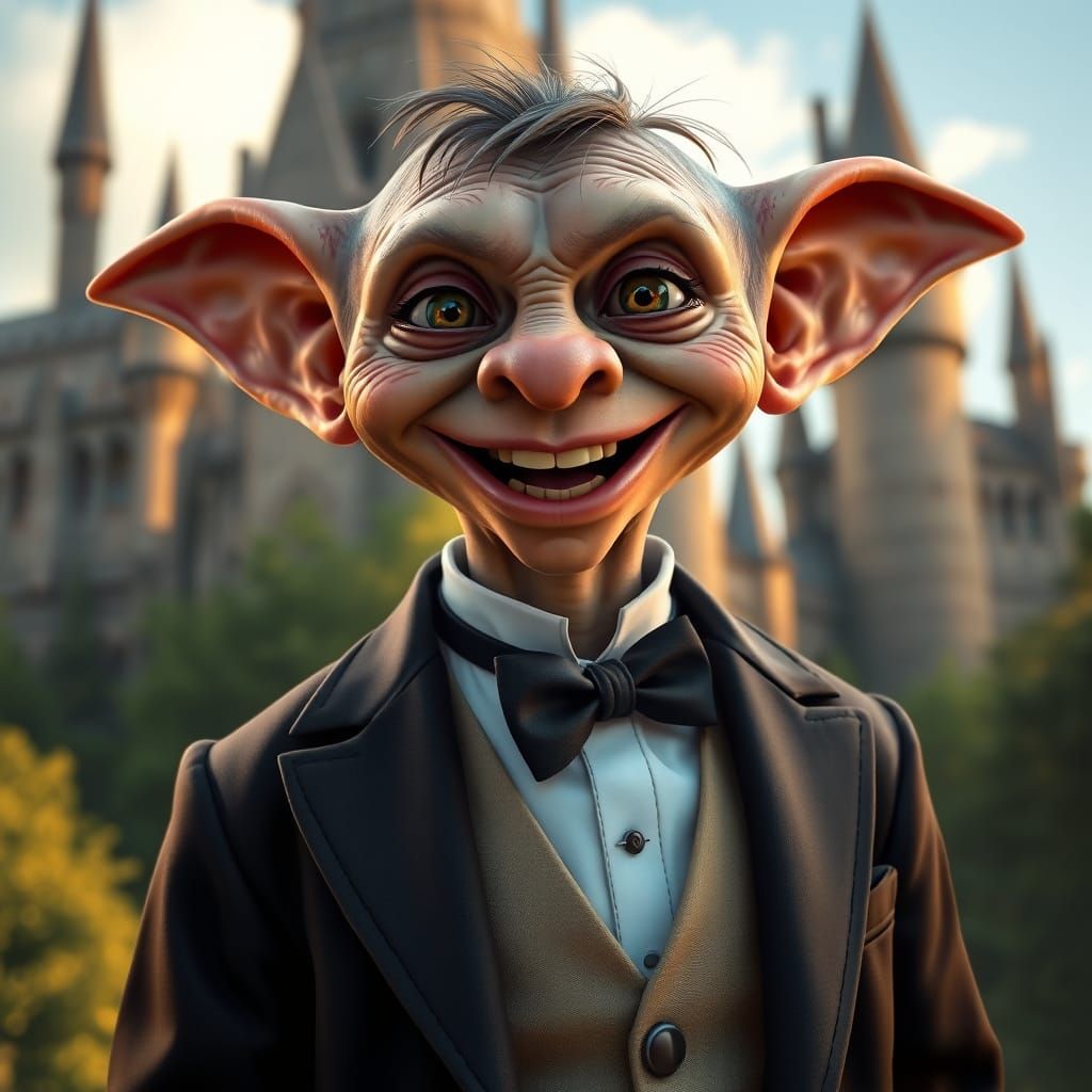 Dobby the Elf in Formal Tuxedo, Hogwarts Castle Background