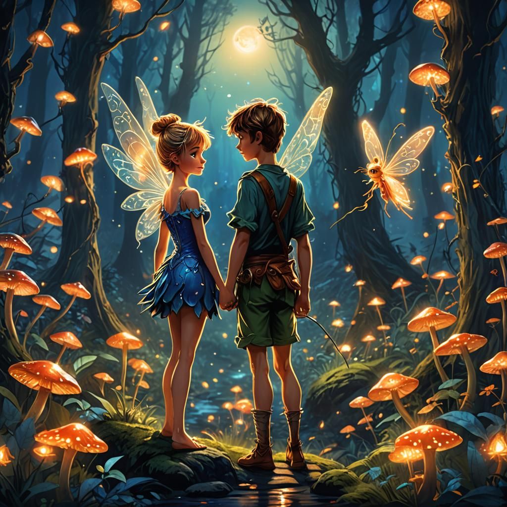 Enchanting Forest Scene with Peter Pan and Tinkerbell