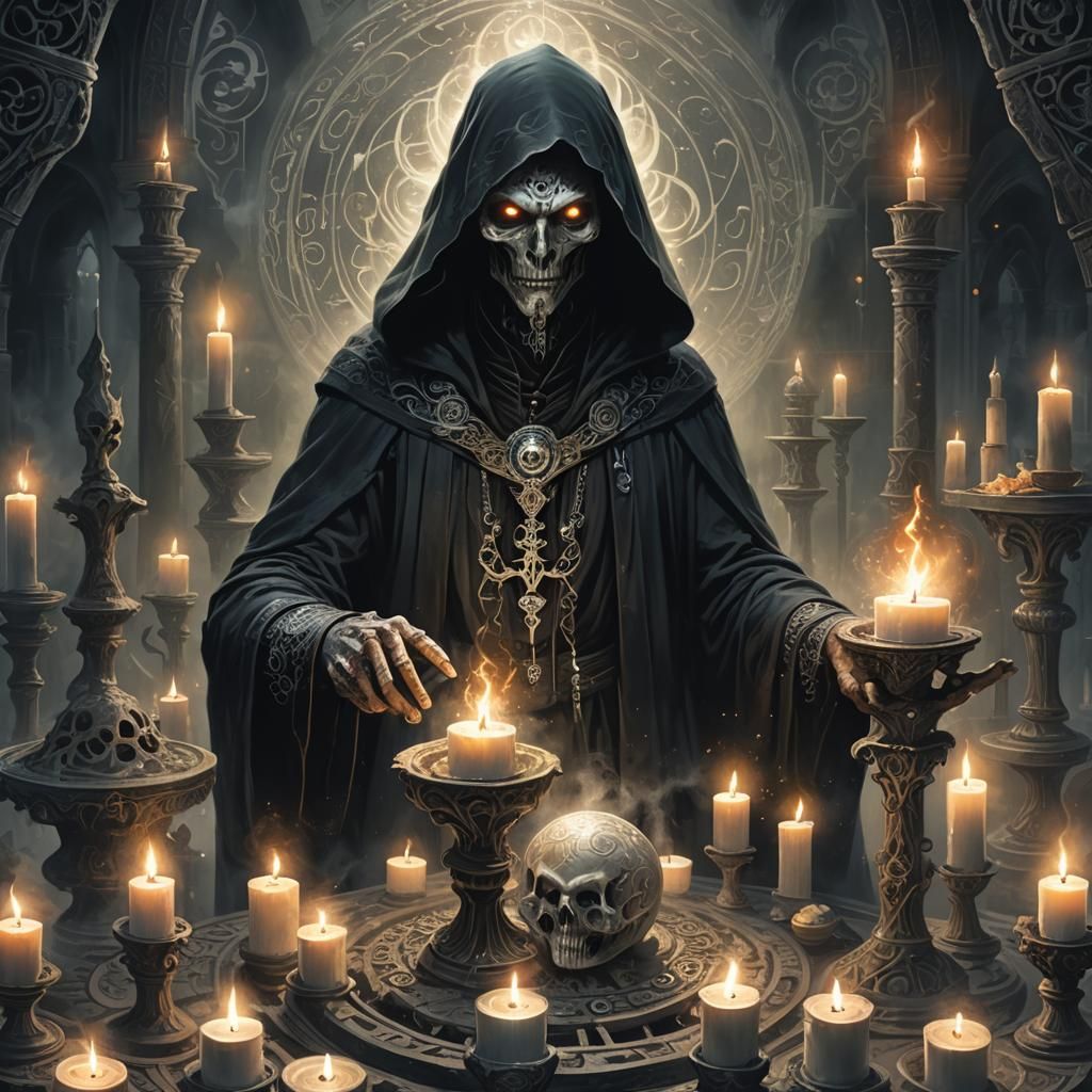 A mage becoming a lich by means of necromancy, using a magic...