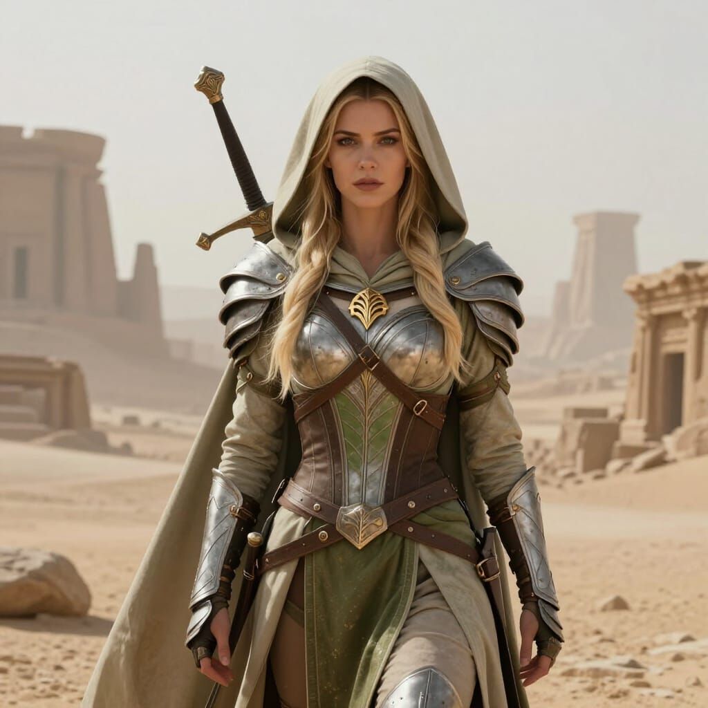 Blonde Warrior Woman in Olive Armor in Desert Landscape