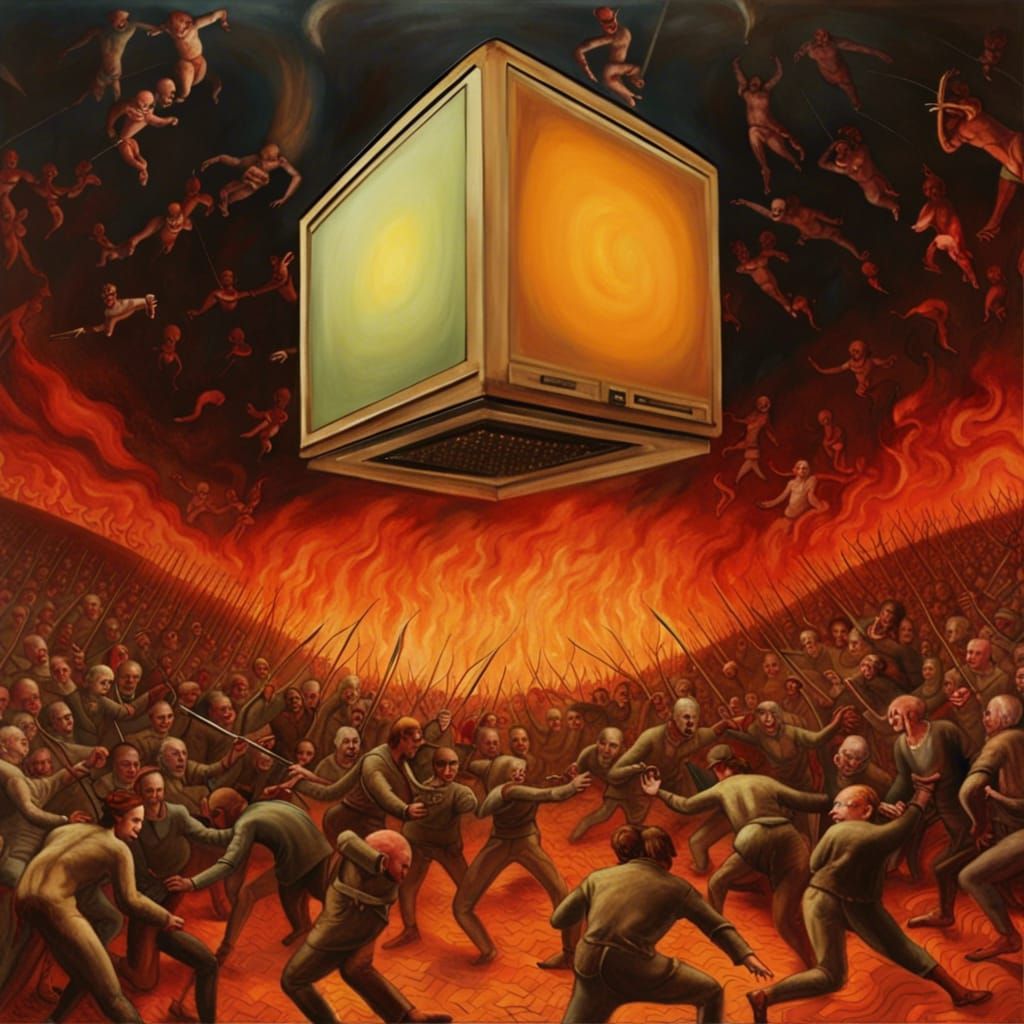 Hellscape Supercomputer Fight in Impressionist Style