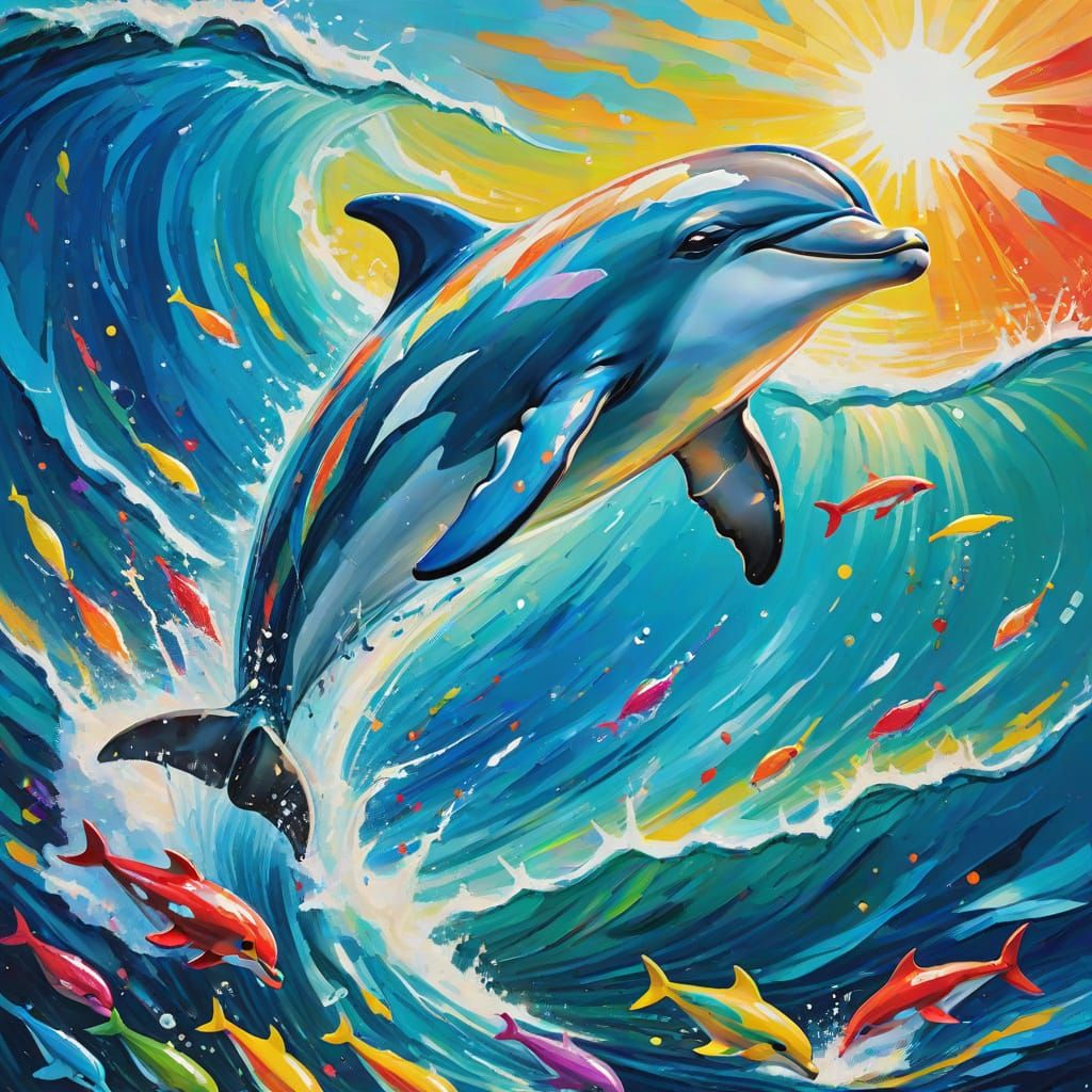 Recycled Bottle Dolphin Leaps in Gouache Style