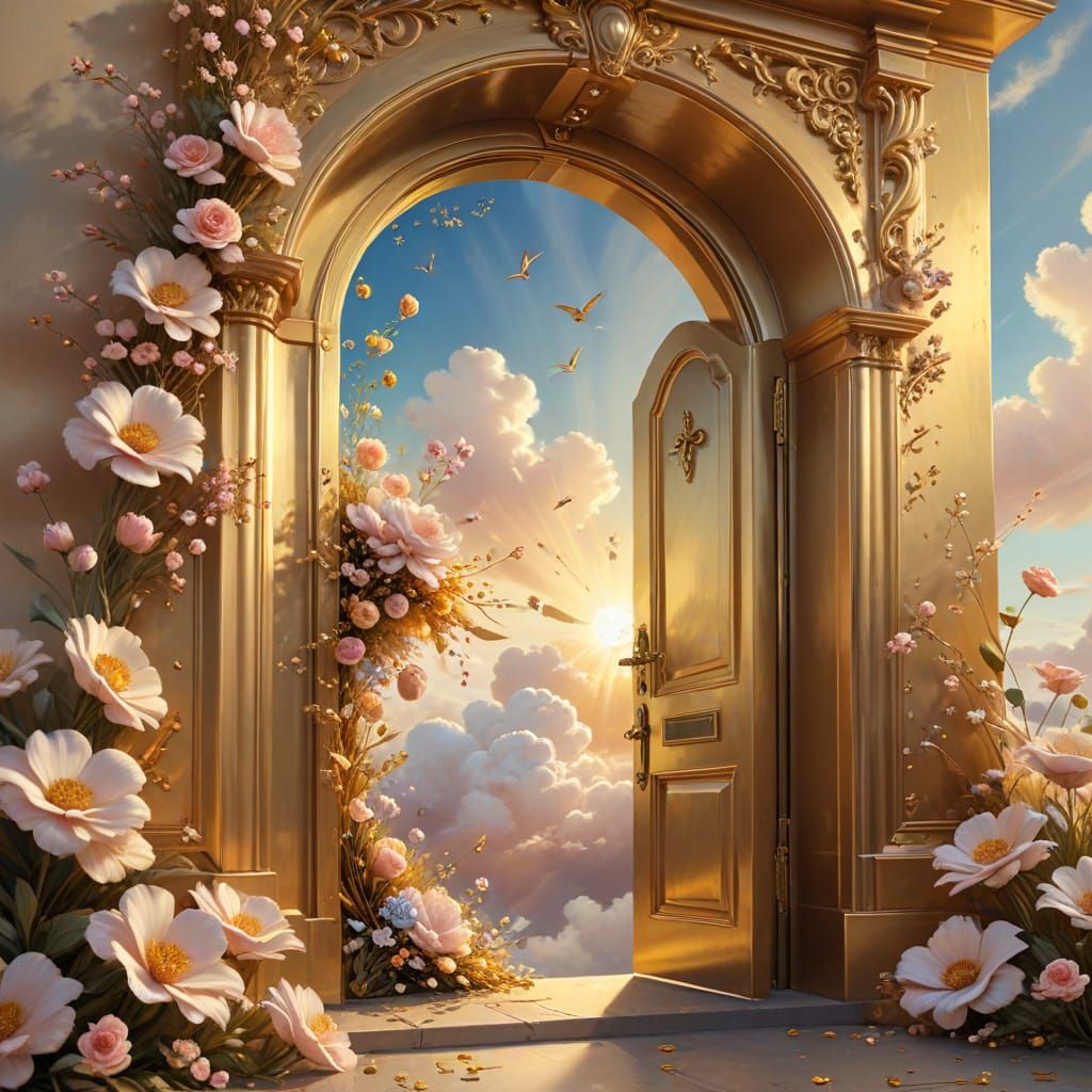 Golden Flower Door in Sky, Surreal 3D Rendering