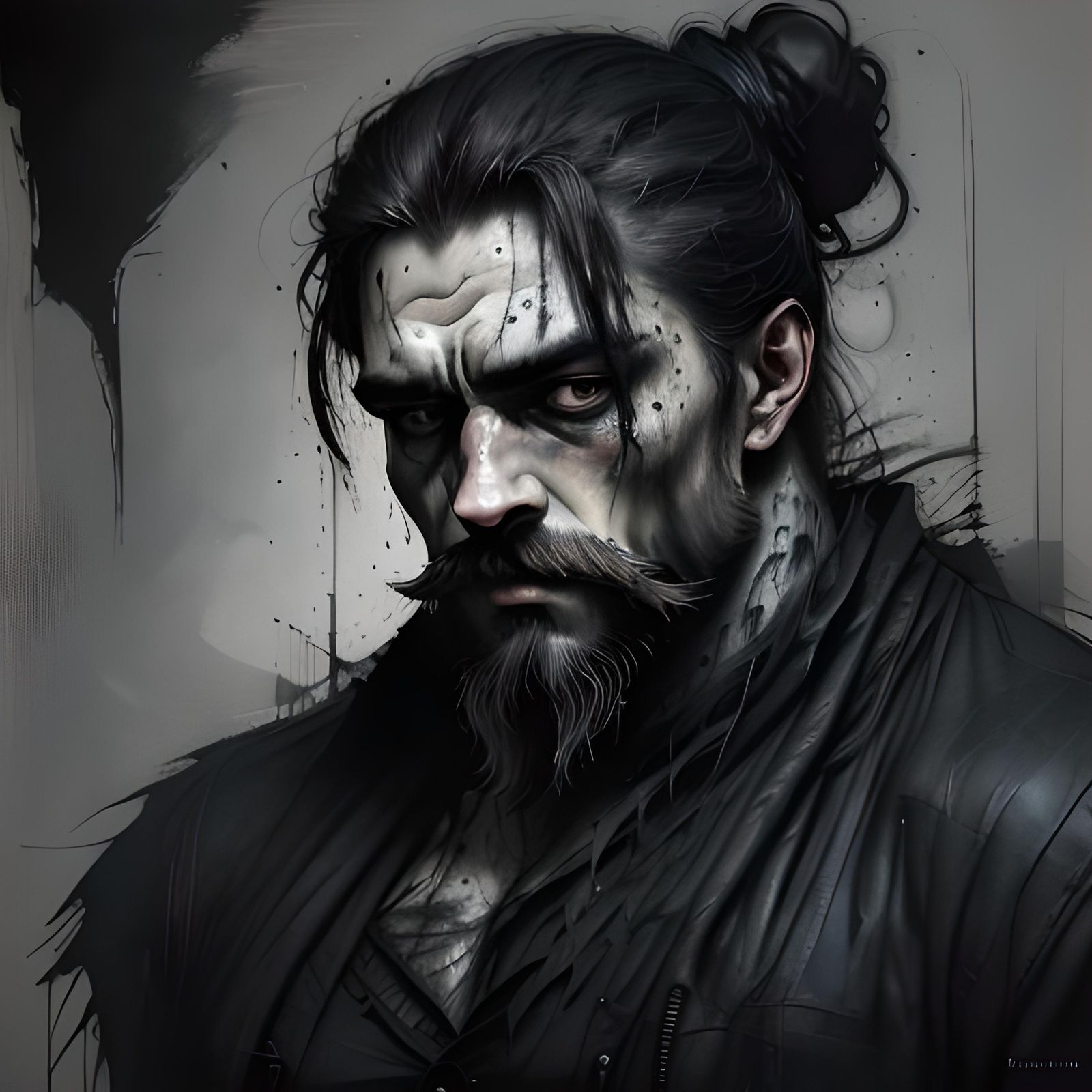 Abstract Inky Portrait of Man with Bun