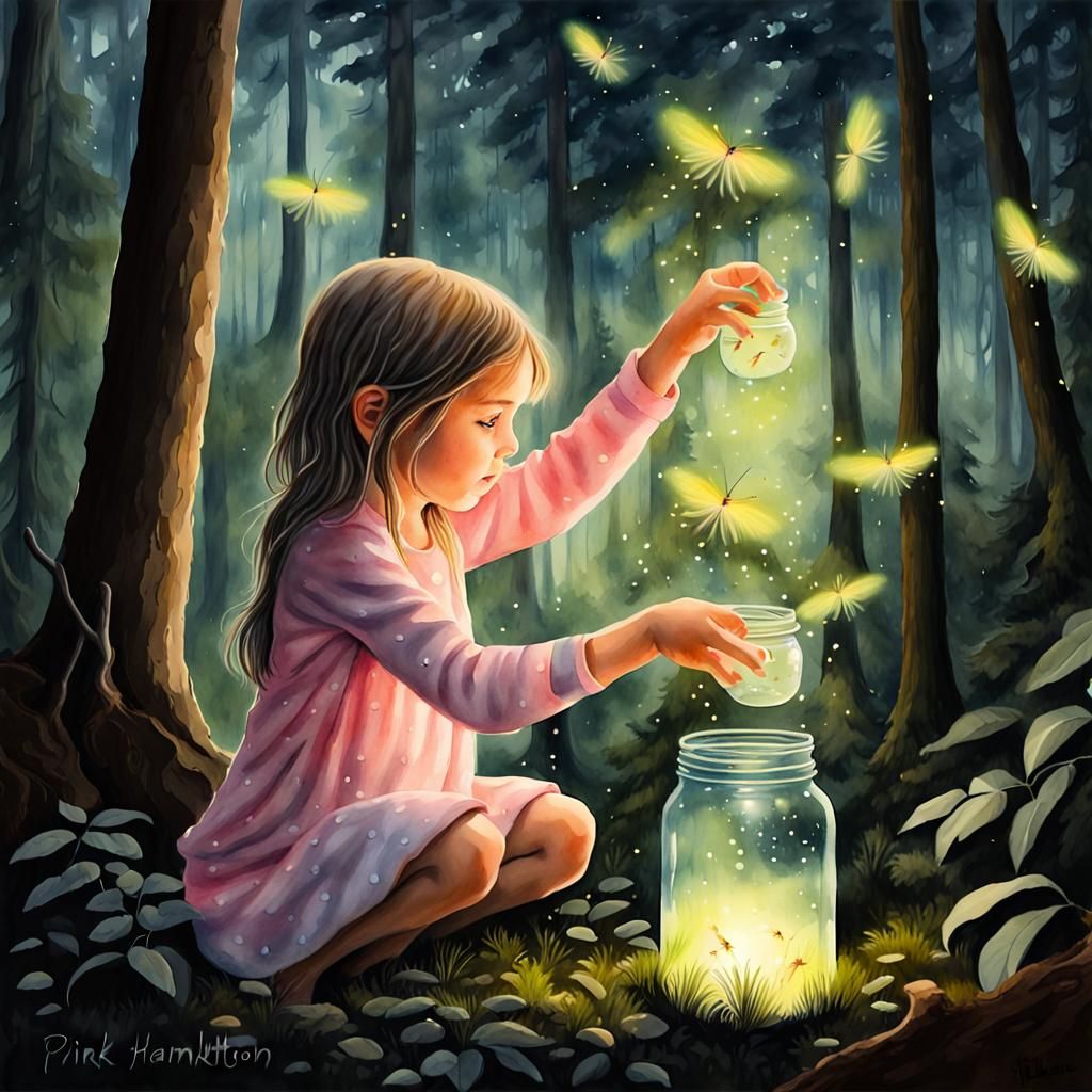 Girl Releases Fireflies: Watercolor Airbrush Painting
