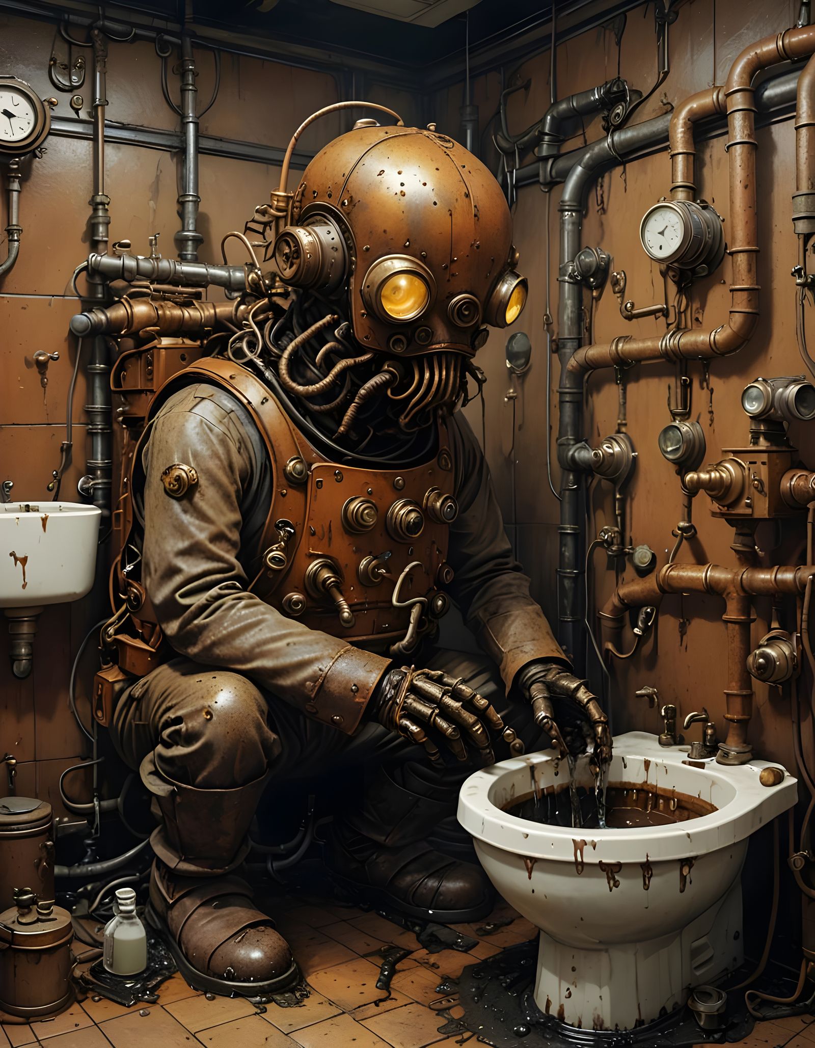 Steampunk Robot Plumber Fixes Filthy Commode in Hyperrealist...