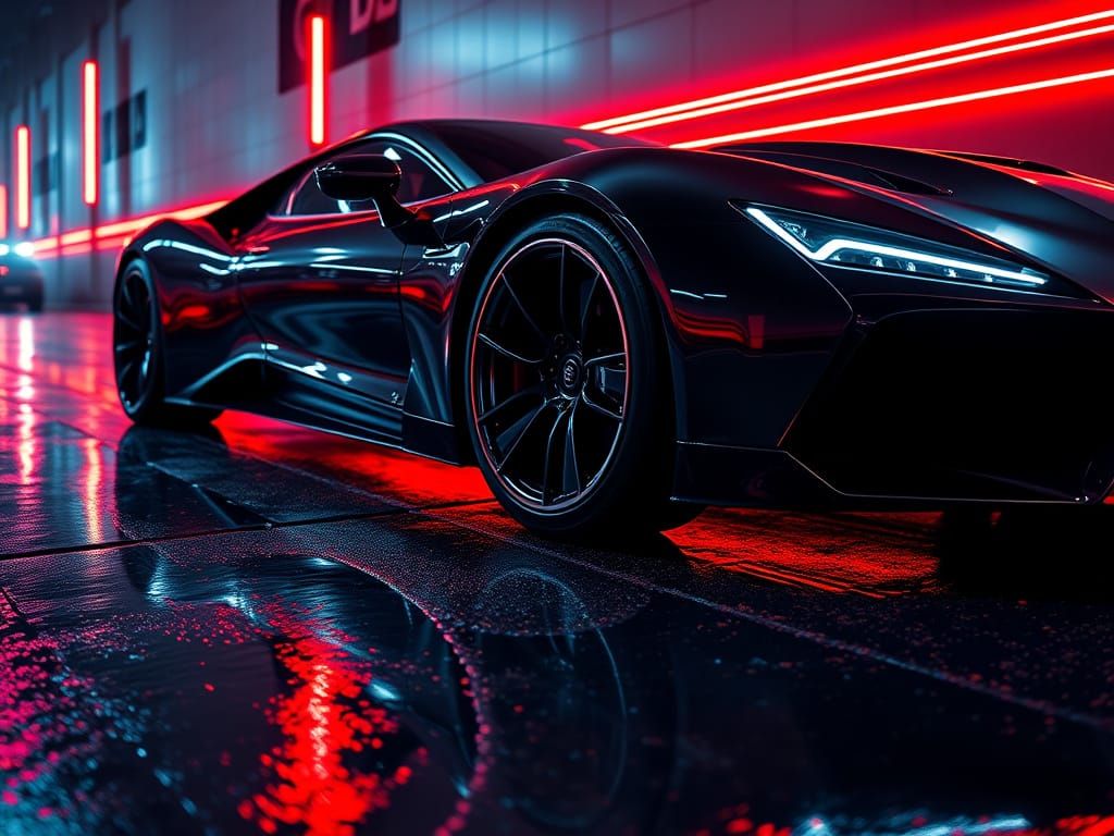 Luxury Car Illuminated by Neon Lights on Wet Asphalt