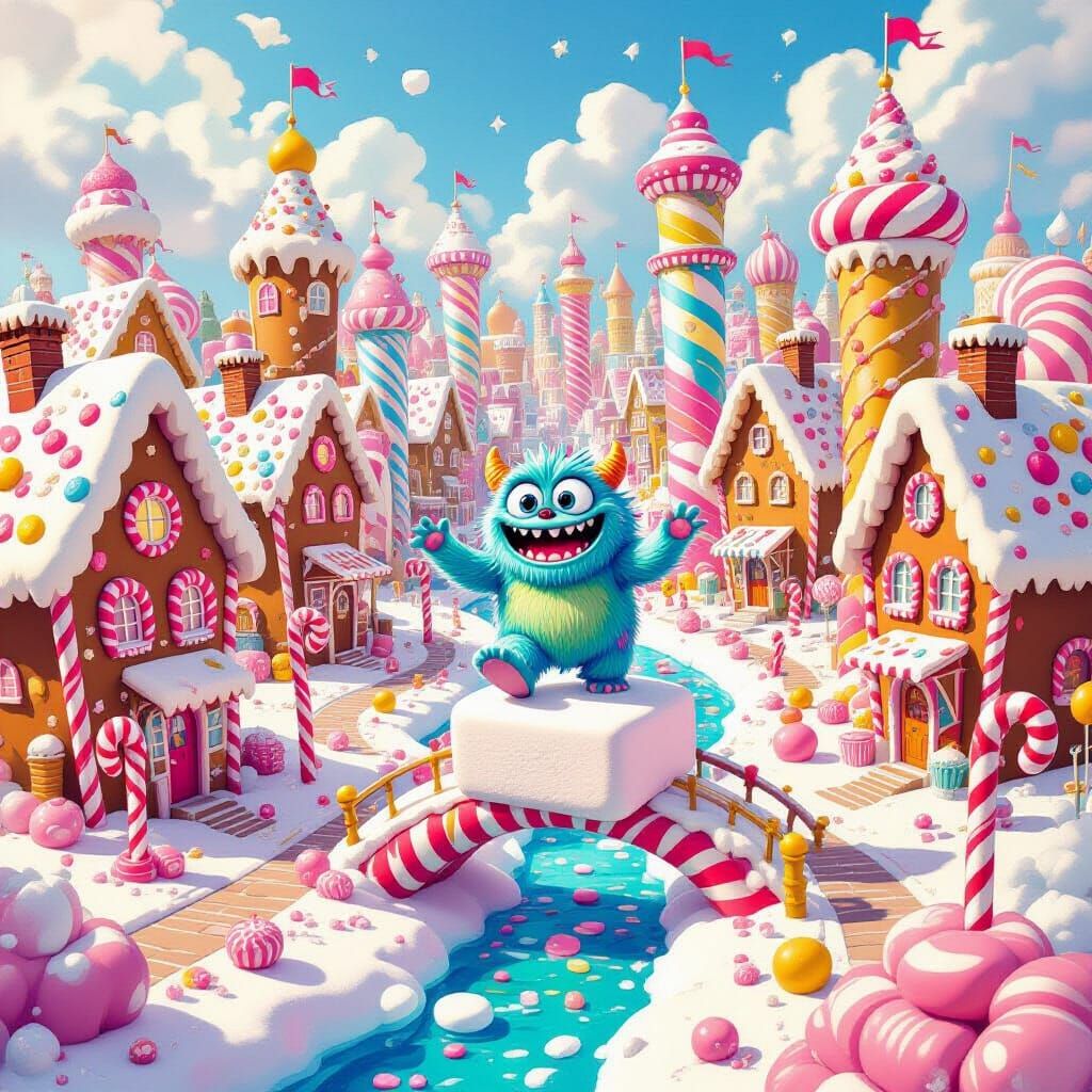 Fantastical Candy Cityscape with Whimsical Monster