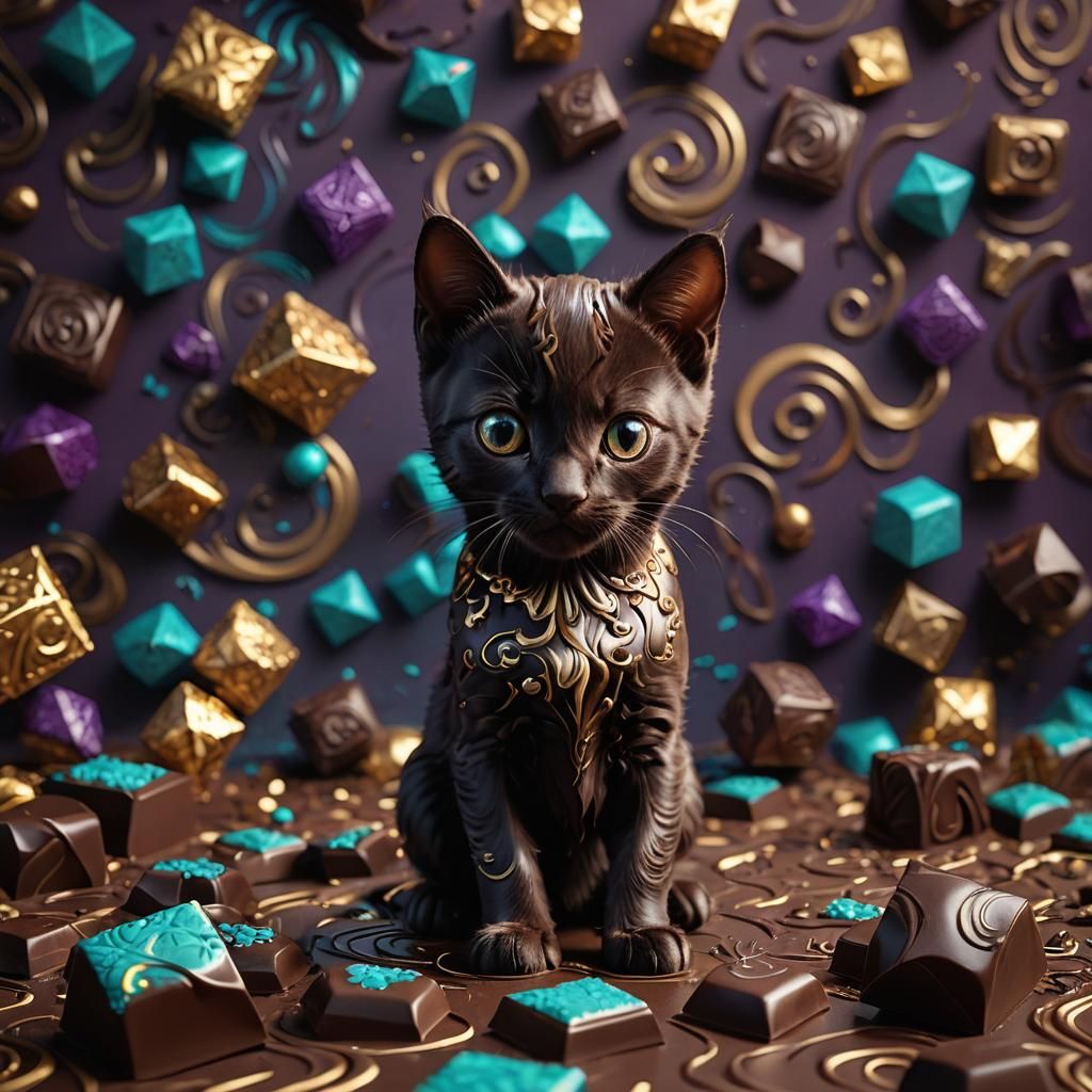 Chocolate Kitten and Puppy in Dark Fantasy Style