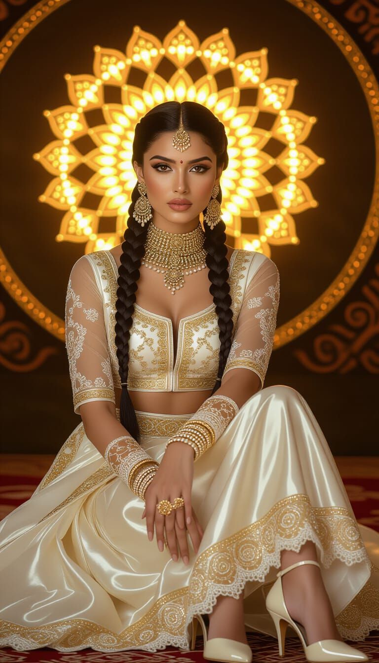 Elegant Woman in Leather and Lace with Golden Mandalas