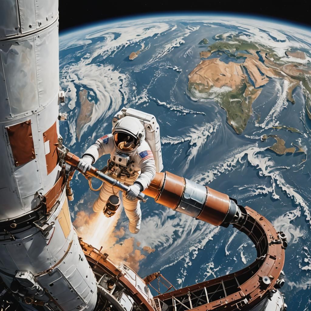 Astronaut Painting Rocket in Earth Orbit: Digital Art