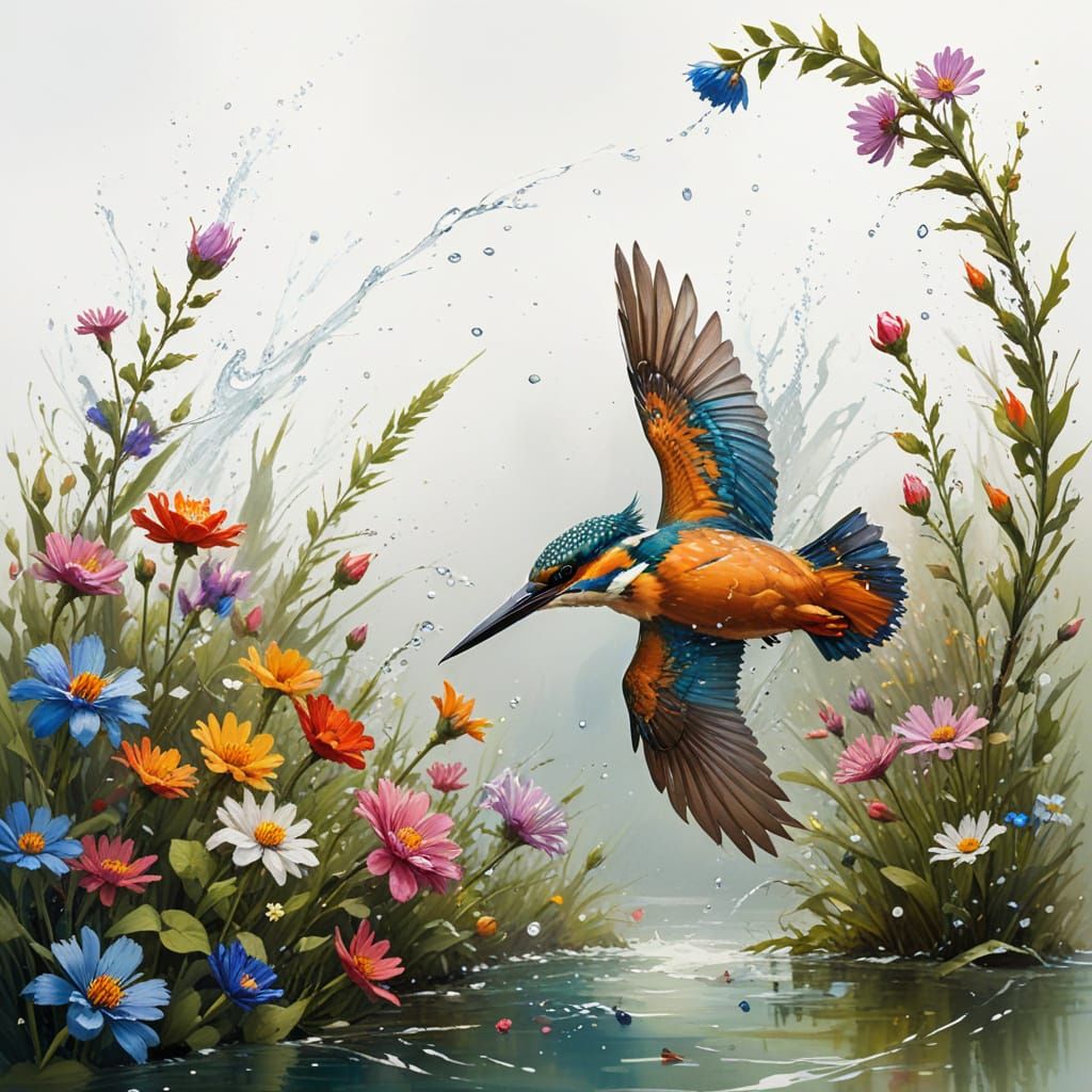 Kingfisher Dives for Fish in Fairytale Wildflower Scene