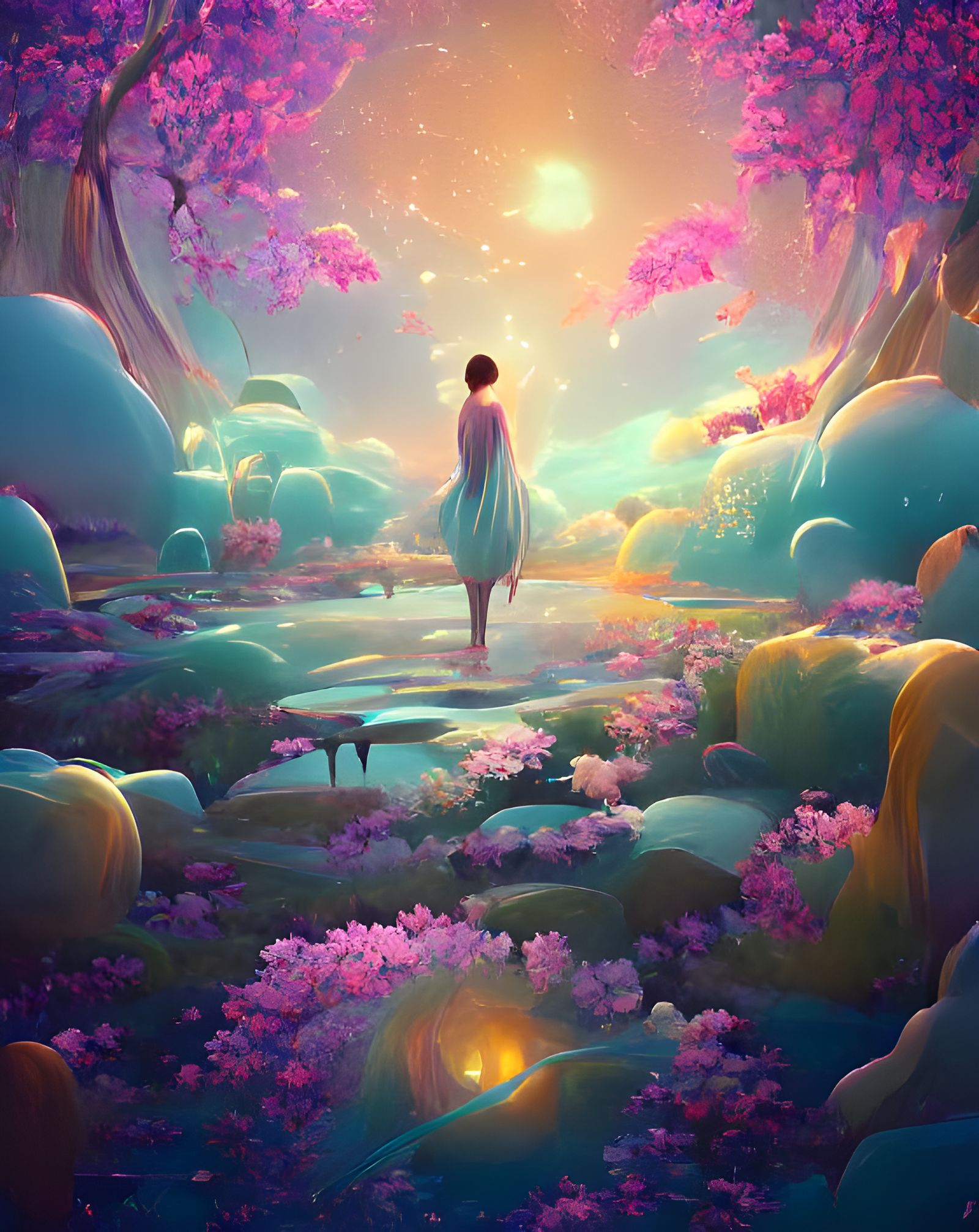 Zen Garden with Cherry Blossoms, Digital Fantasy Art