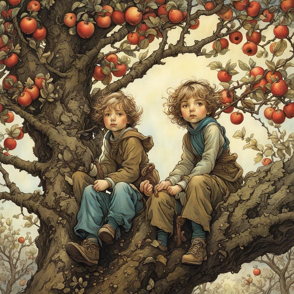 Children in Blossoming Apple Tree, Intricate Illustration