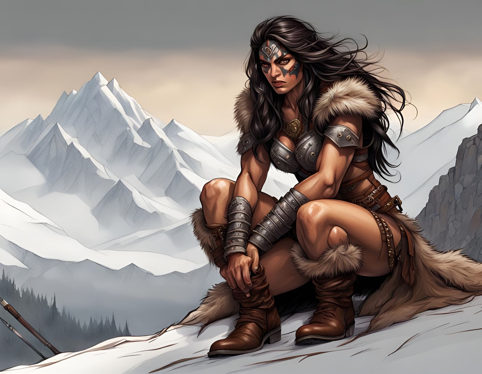 Barbarian Warrioress Sketch in Snowy Landscape