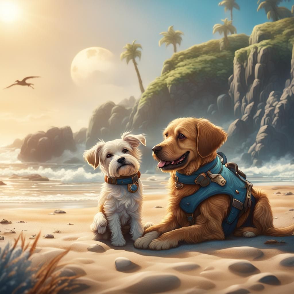 Two Adorable Dogs Hugging on a Sunny Beach
