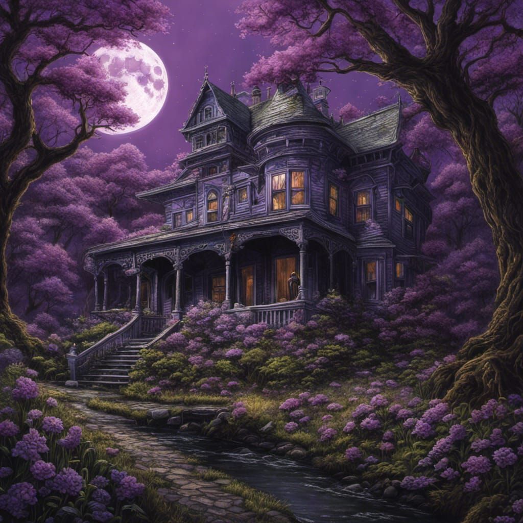 Crayon Forest Haunted House with Violet Moon