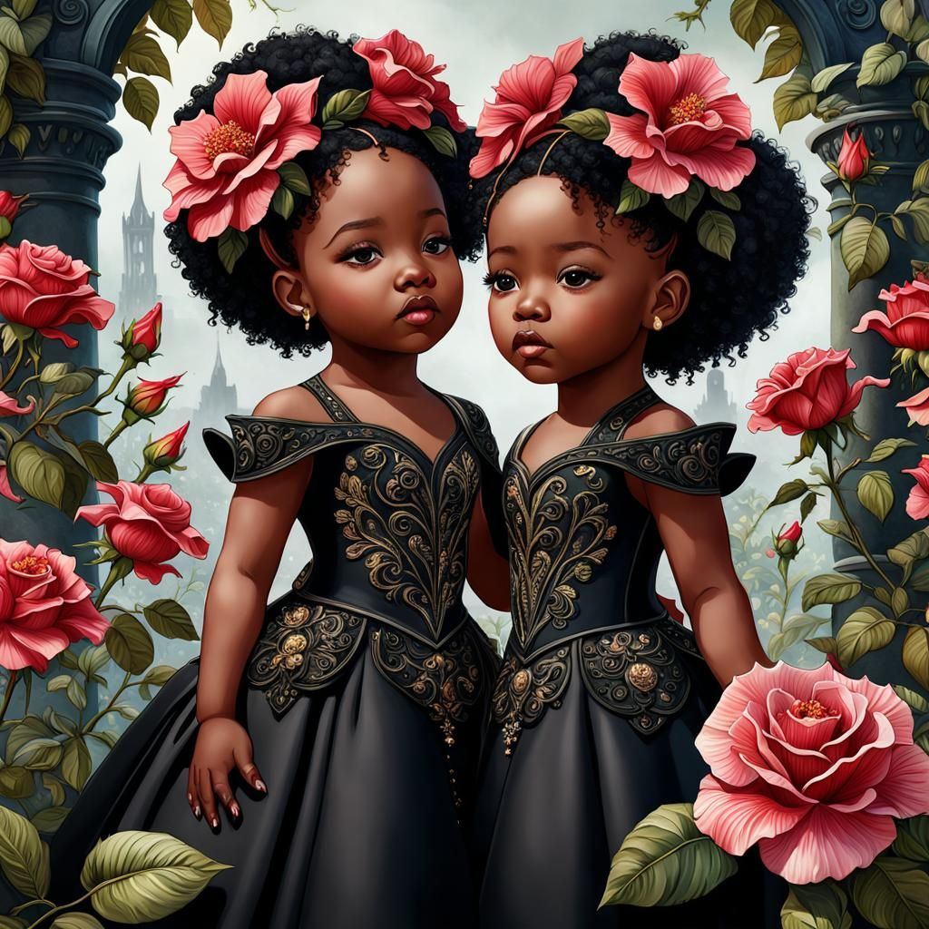 Black Toddlers with Roses: Fantasy Concept Art