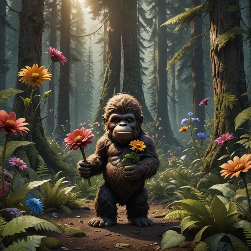 Baby Bigfoot in Forest: Detailed Matte Painting