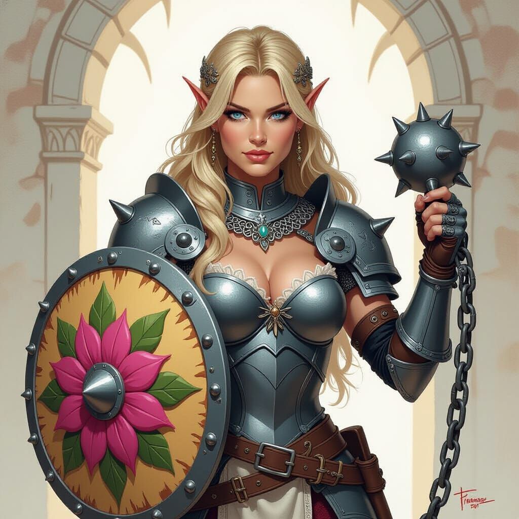 Half-Elf Paladin Woman with Spiked Chain and Shield