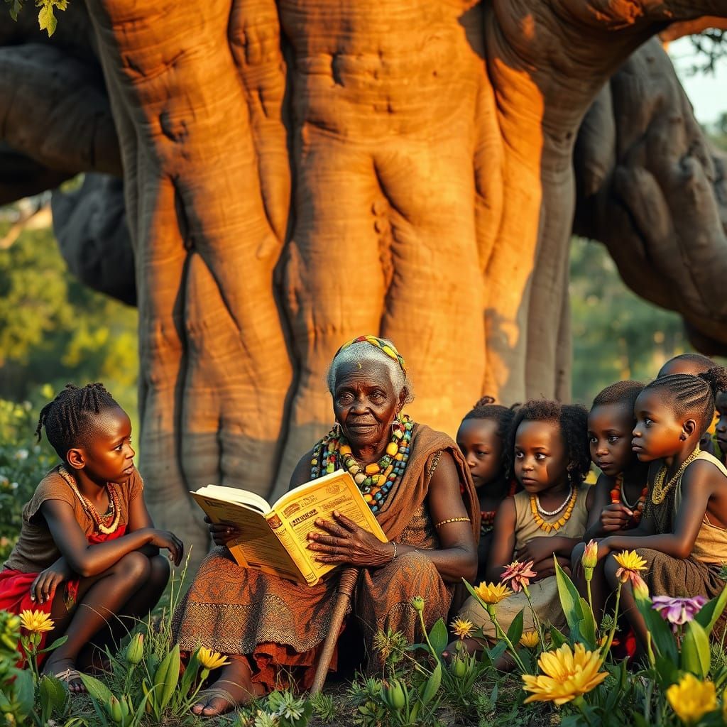 African Elder Telling Stories at Dawn, Hyperrealistic Digita...