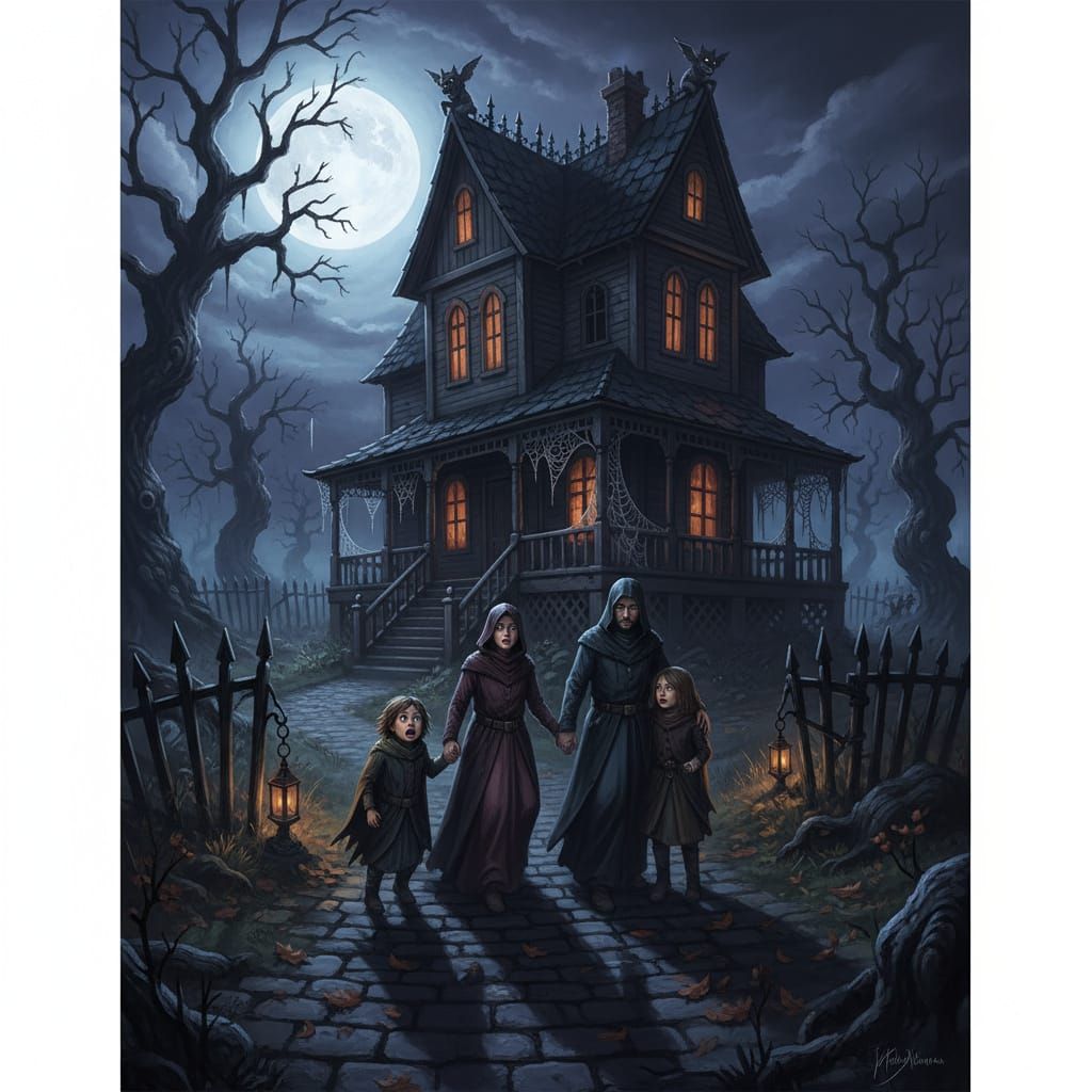 Walking by a haunted house, with my family, one of the kids ...