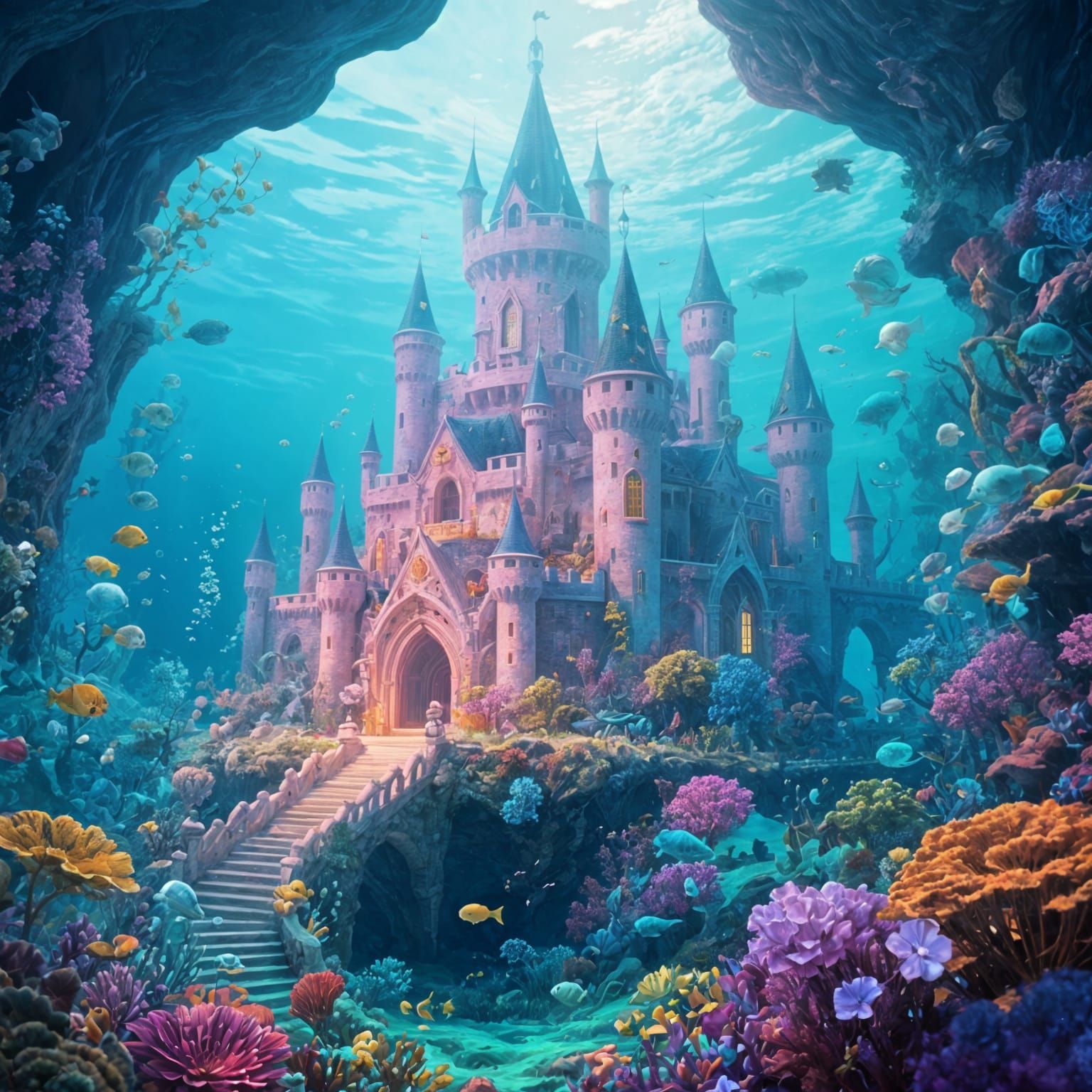 Surreal Underwater Castle in Vibrant Fantasy Style