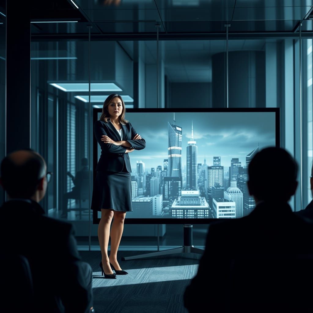 Confident Businesswoman Dominates High-Tech Boardroom