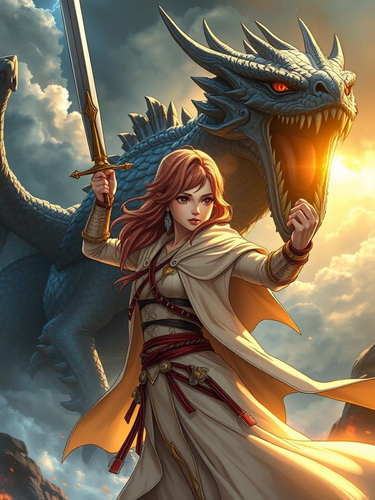 Epic Dragon Warrior Princess in a Stormy Landscape