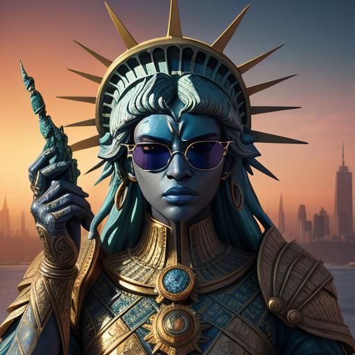 Statue of Liberty with Gold Teeth in Fantasy Art Style
