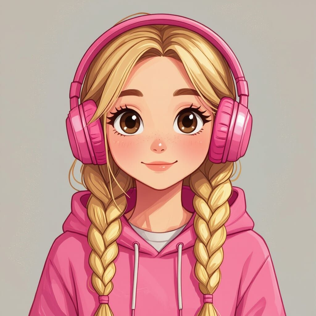 Cute Cartoon Girl with Pink Hoodie and Braids
