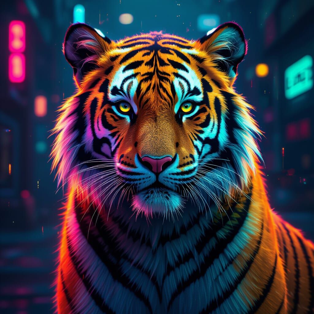 Neon Tiger in Cyberpunk Style, Inspired by Syd Mead