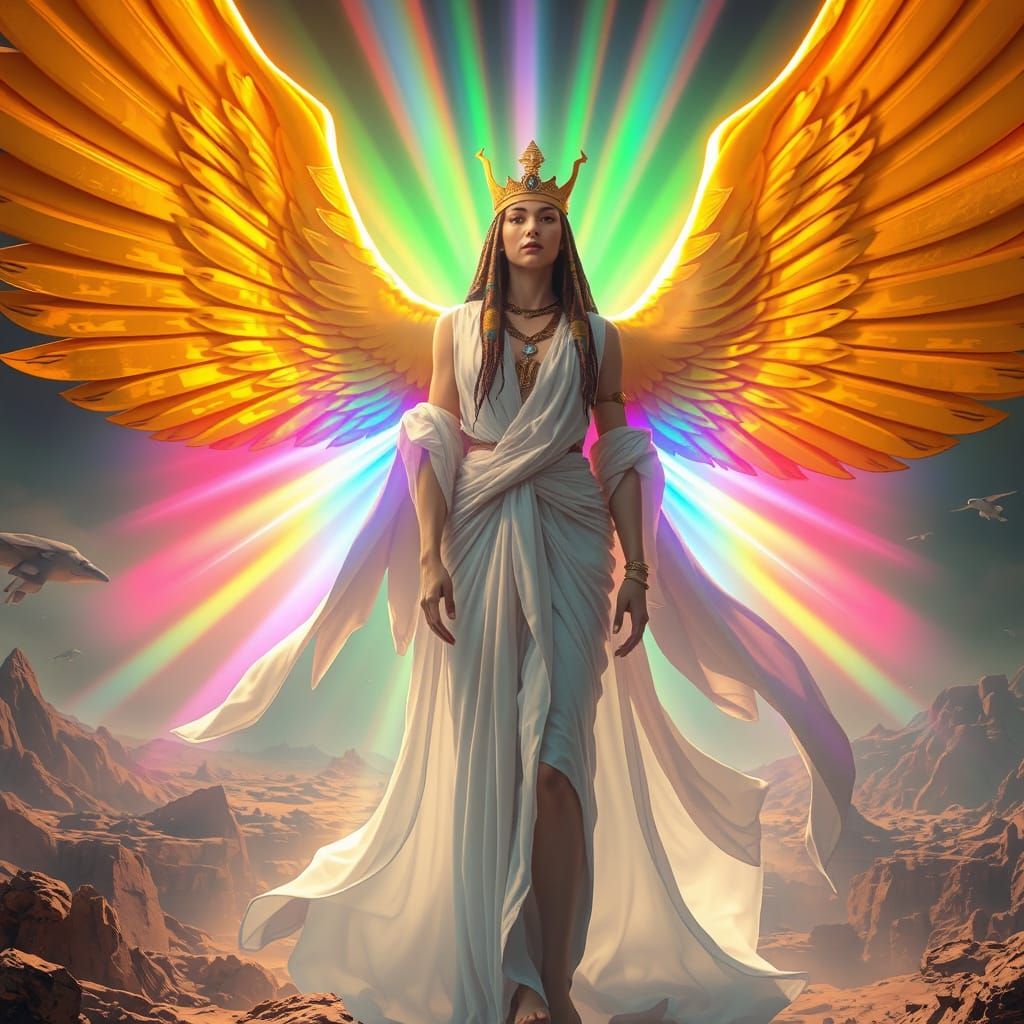 Goddess Isis Radiating Rainbow Energy in Cyberpunk Style