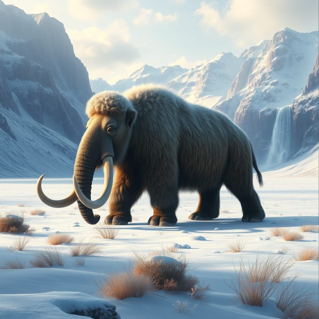 Woolly Mammoth Grazing in Snowy Valley in Bierstadt Style