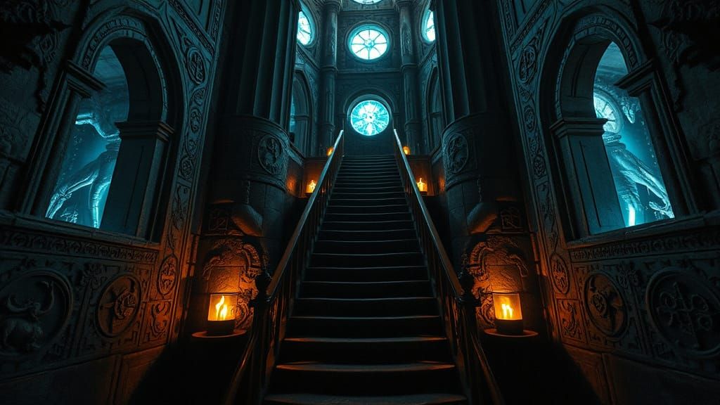 Dark Medieval Staircase with Mystical Portals