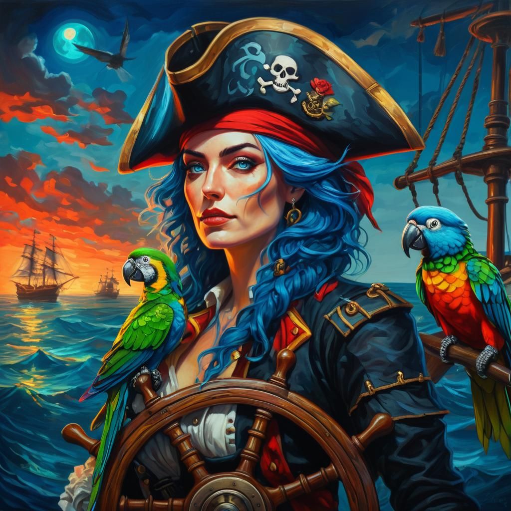 Mystical Pirate Steers Ship in Vibrant Oil Painting