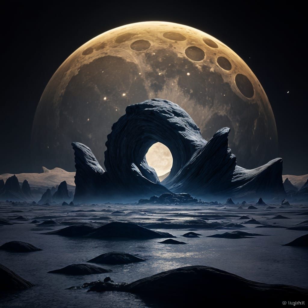 Ethereal Alien Landscape Under Crescent Moon