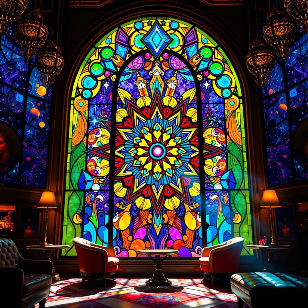 Stained Glass Window: Galactic Centerpiece in 1920s Lounge