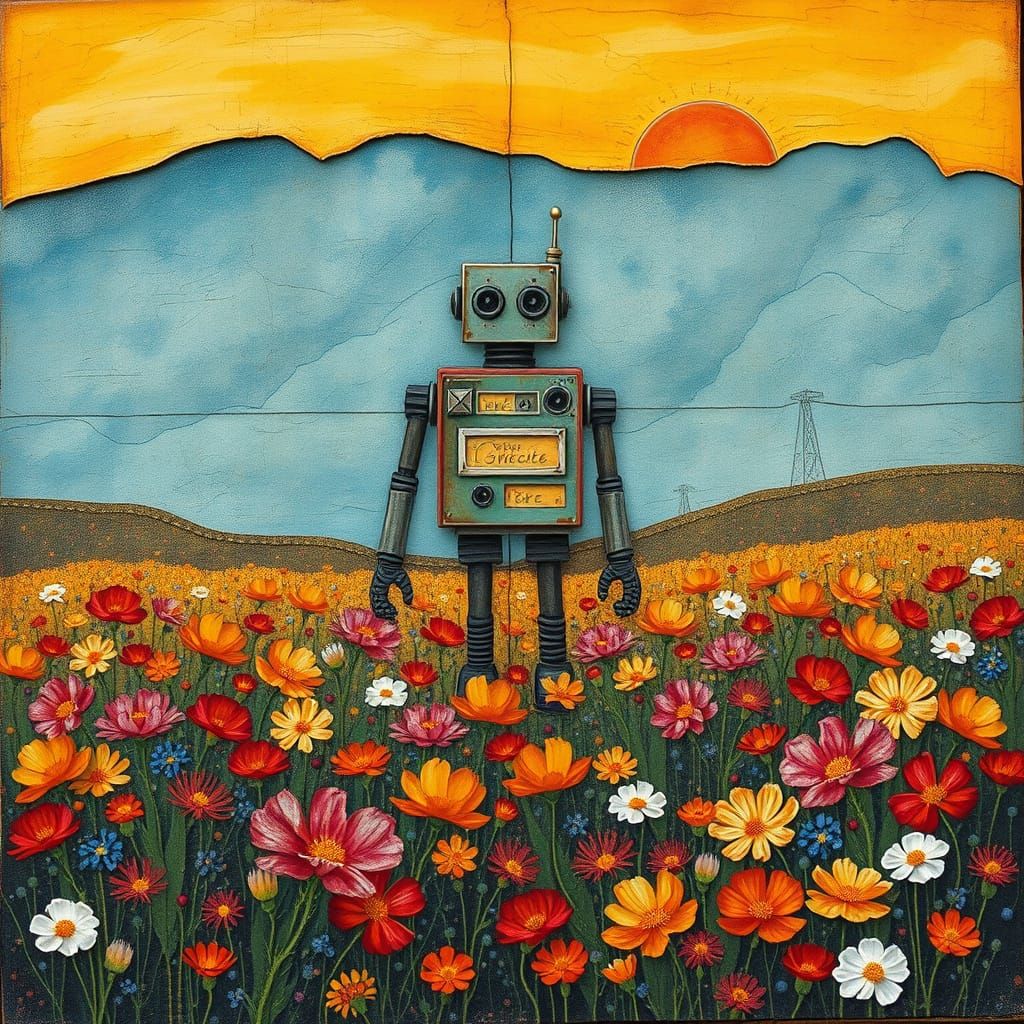 Folk Art Robot in Whimsical Cosmos Landscape