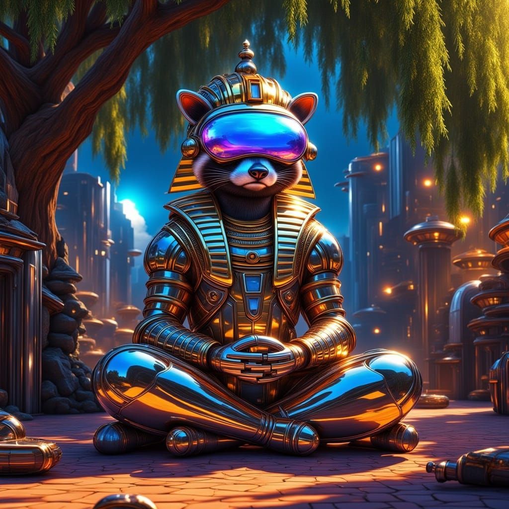 Neon Pharaoh Raccoon Meditating in VR: Cyberpunk Art