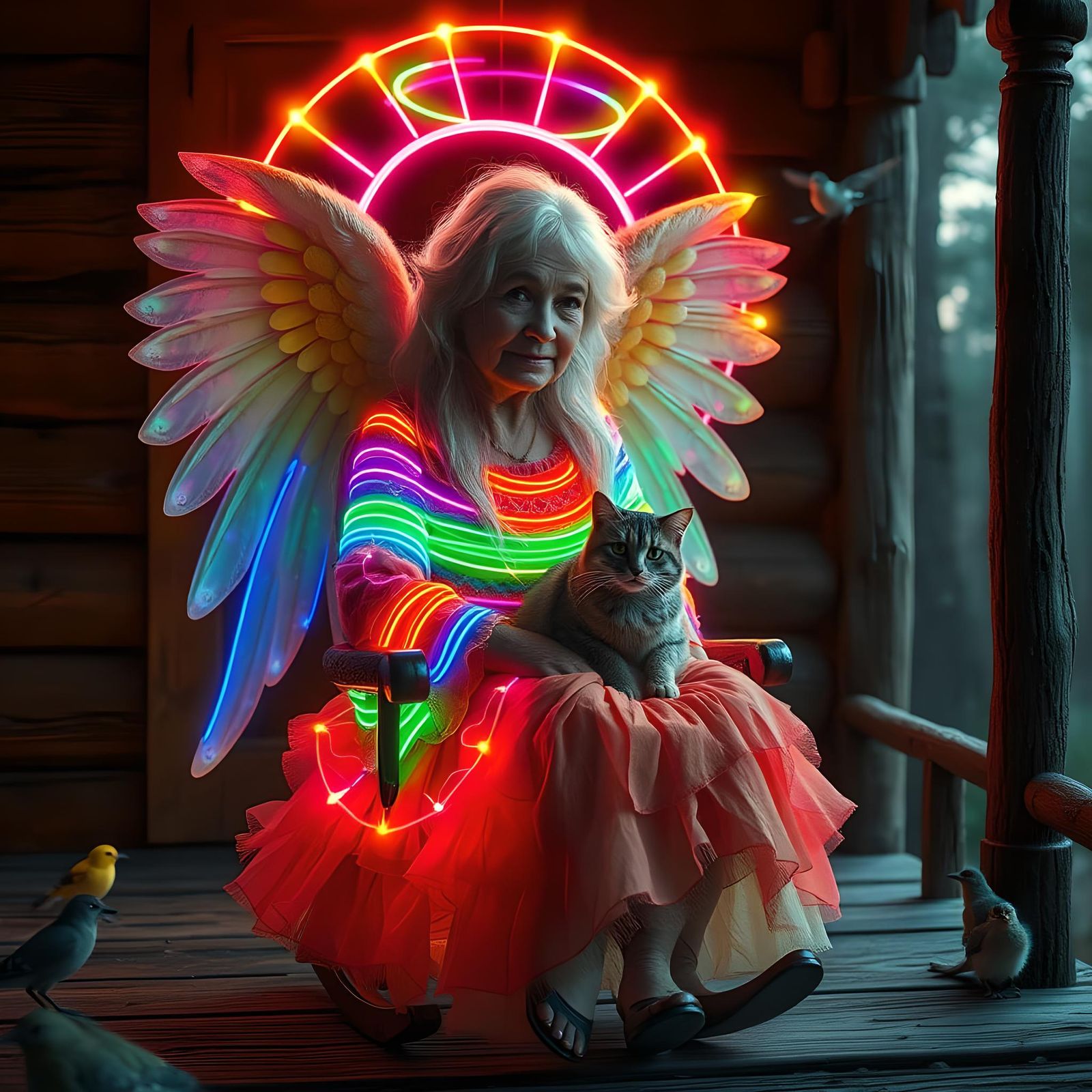 Older Angel in Multicolored Light, Photorealistic Style